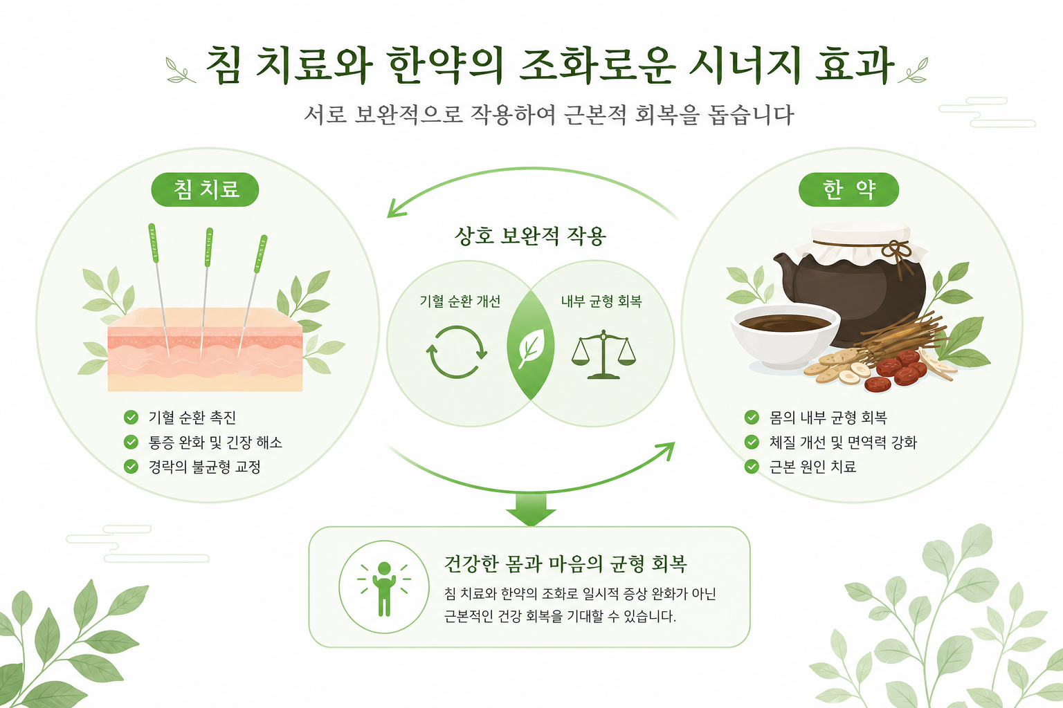 침+약침+한약이 서로 보완적으로 작용하는 개념을 보여주는 도식 안면마비 침 치료 이미지