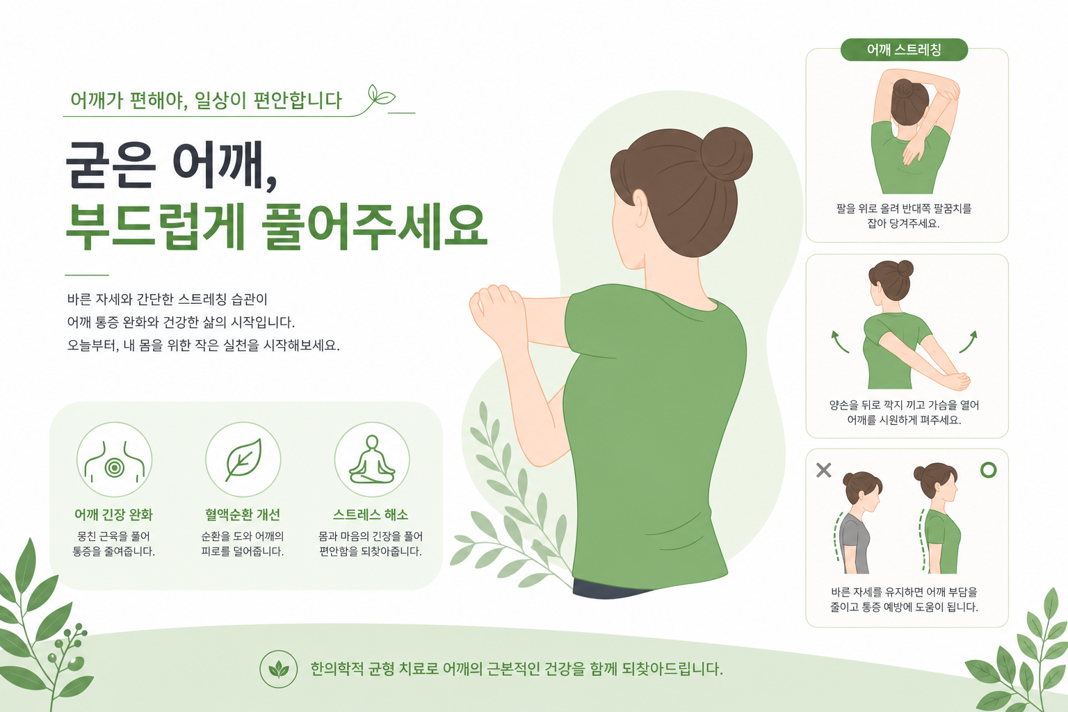 슬리퍼 스트레칭 자세를 옆에서 바라본 선명한 일러스트. 사람이 옆으로 눕고 위쪽 팔이 아래쪽 팔에 의해 바닥 방향으로 부드럽게 눌리는 동작. 어깨 후방 관절낭 위치를 화살표로 표시. 오십견 슬리퍼 스트레칭 이미지