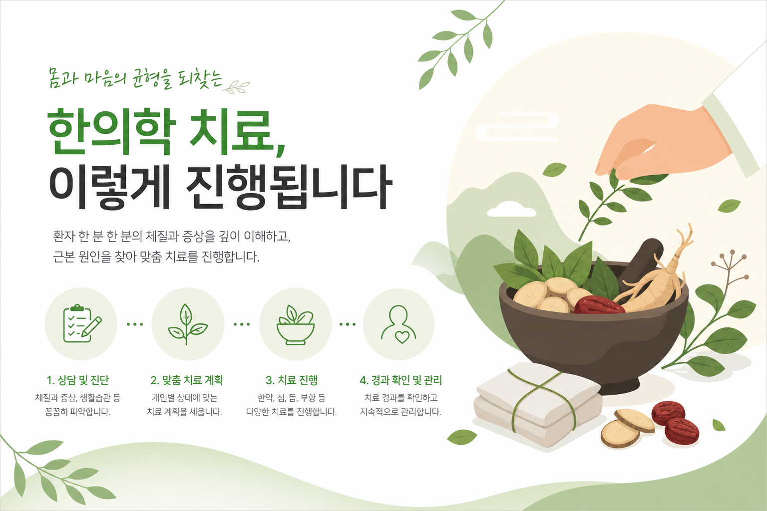한의사와 교통사고 환자가 상담실에서 편안하게 대화하는 따뜻한 분위기 사진. 교통사고 후유증 이미지