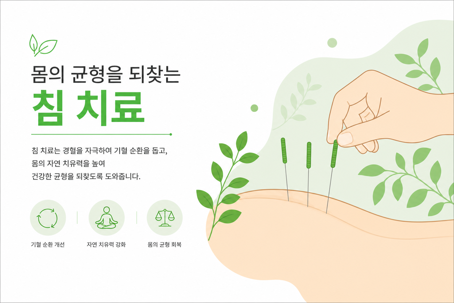 보존적 치료 흐름도 또는 치료 단계 인포그래픽. '추나치료 → 침치료 → 한약' 순서를 보여주는 깔끔한 화살표 도식. 밝은 색상 계열. 이미지