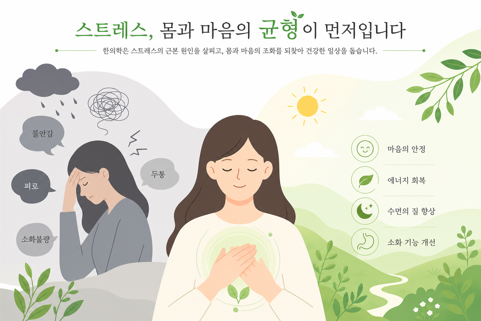 학업 스트레스를 받는 아이(교과서, 문제집 앞에서 지쳐 있는 모습)와 반대로 웃으며 뛰어노는 아이를 대비시킨 따뜻한 일러스트. 어린이 성장 치료 이미지