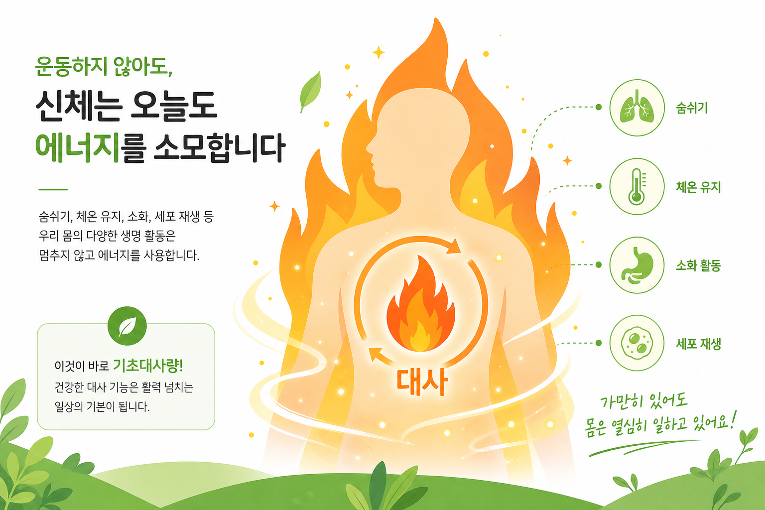 운동하지 않아도 신체가 에너지를 소모하는 개념을 불꽃·대사 이미지로 표현한 밝고 활기찬 일러스트 이미지