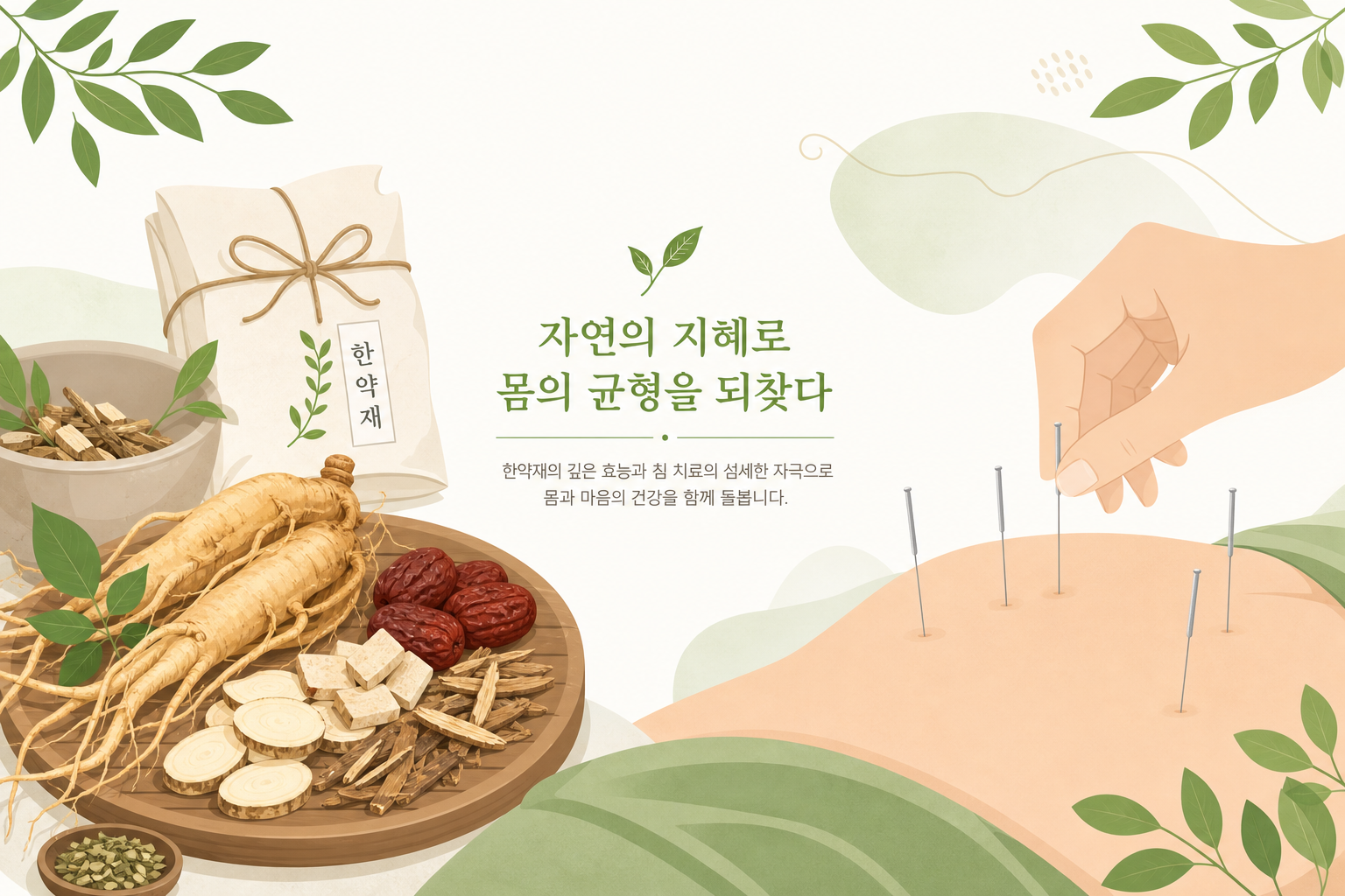 한약재와 침 치료 이미지를 함께 배치한 따뜻한 톤의 일러스트, 자연 소재 느낌 강조 액와신경 약침 치료 이미지