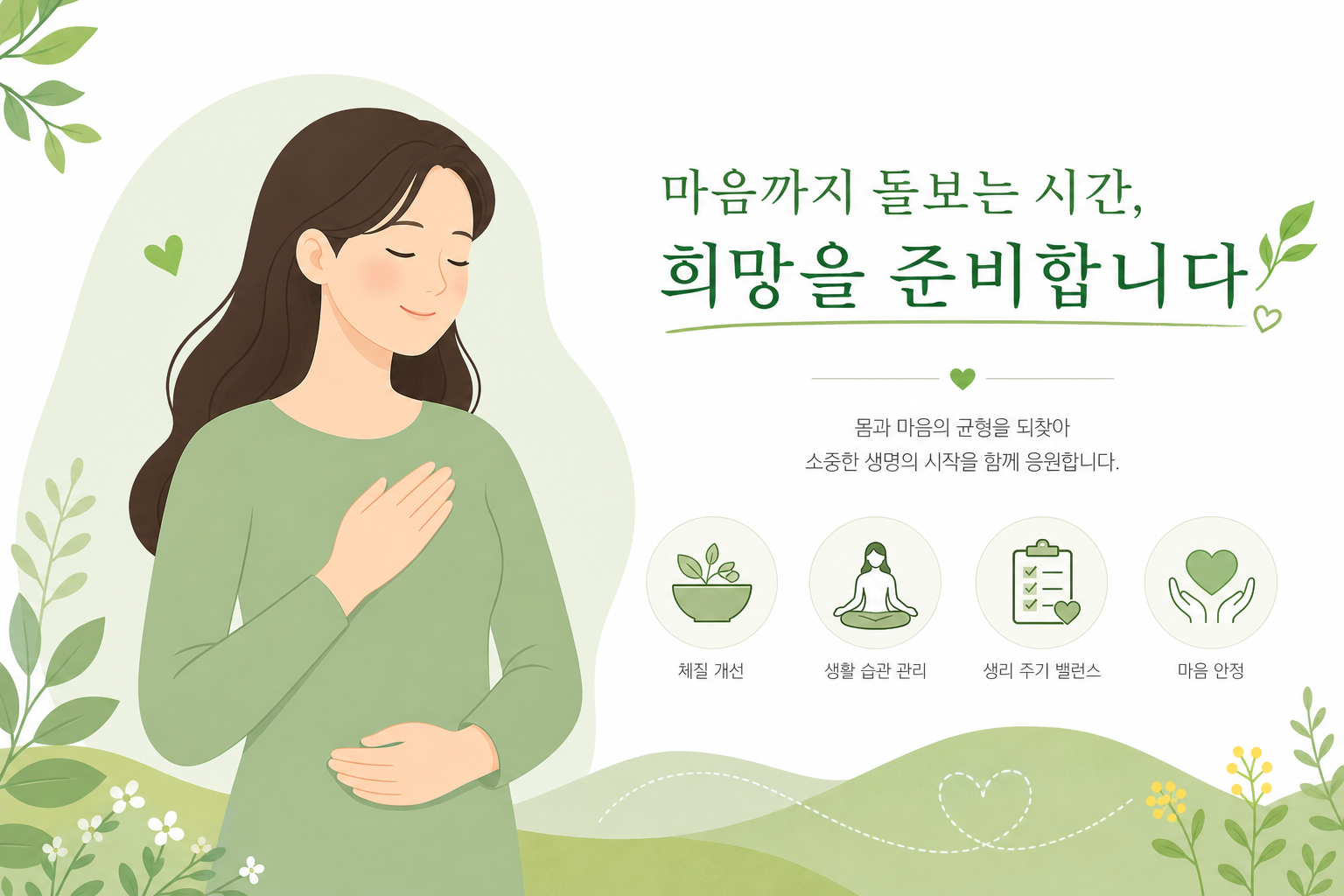 시험관아기를 준비하며 몸 상태를 챙기는 여성의 따뜻하고 희망적인 일러스트 시험관아기 한약 병행 이미지