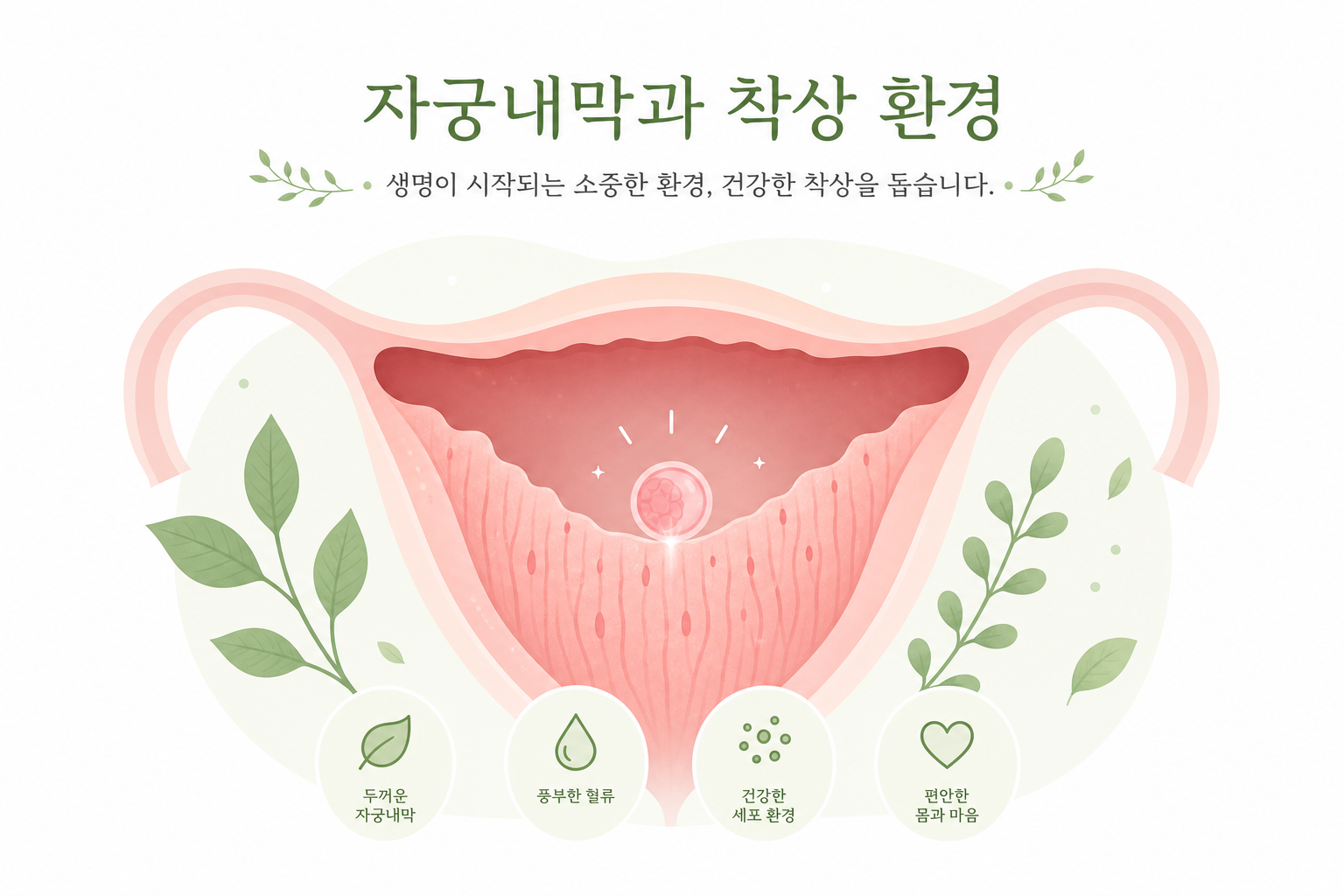 자궁내막과 착상 환경을 부드럽게 표현한 개념적 일러스트 (의학적으로 과장되지 않은 톤) 시험관아기 한약 병행 이미지
