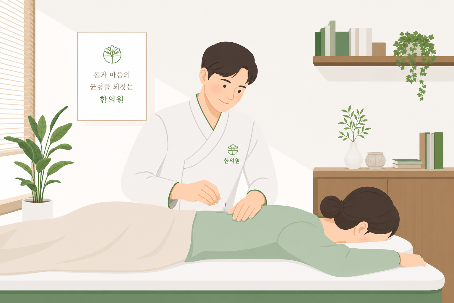 한의사가 환자에게 침 치료 또는 추나요법을 진행하는 편안한 진료실 장면 교통사고 후 허리 통증 이미지