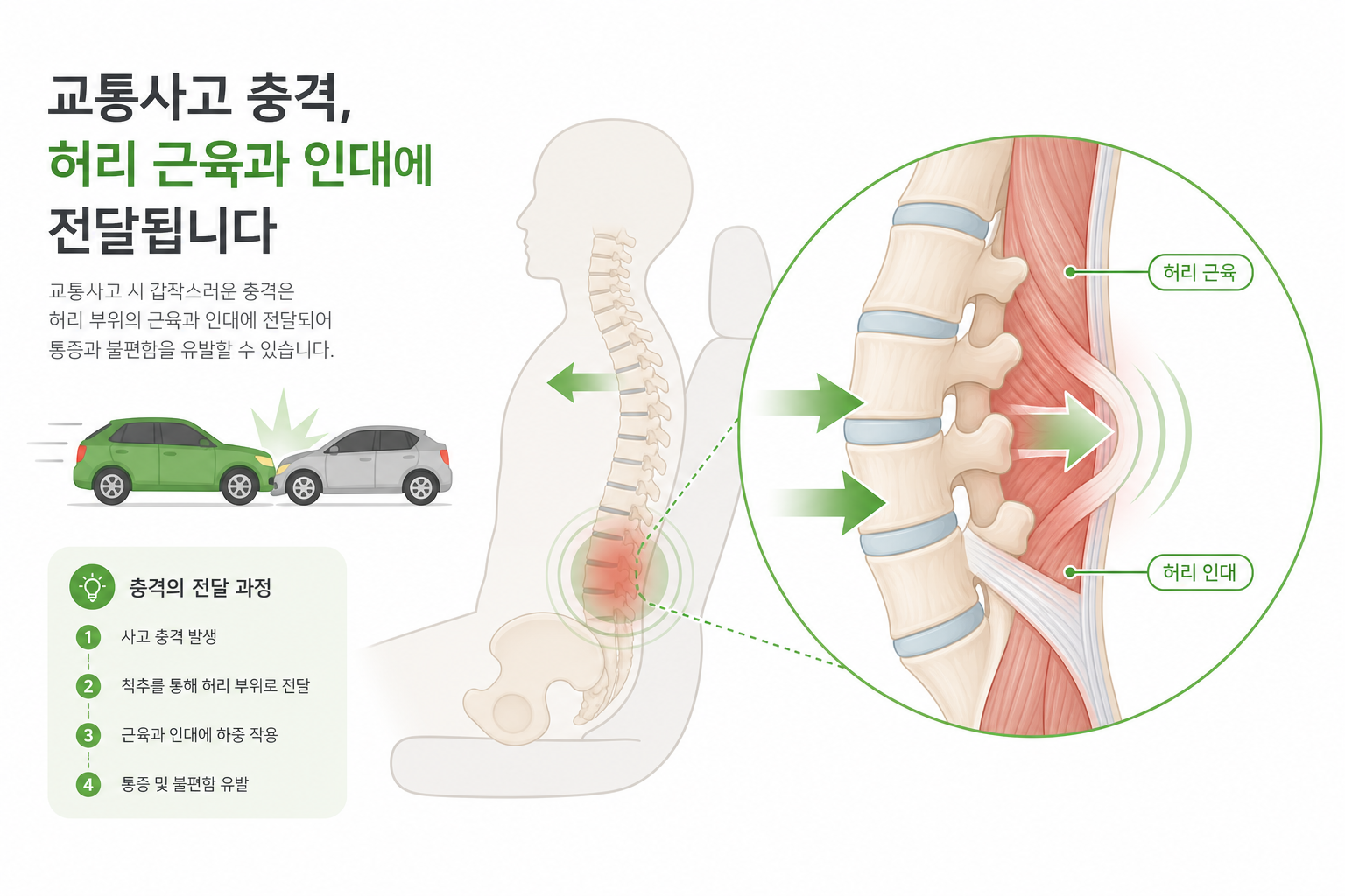 교통사고 충격이 허리 부위 근육과 인대에 전달되는 모습을 보여주는 인체 단면 일러스트 교통사고 후 허리 통증 이미지