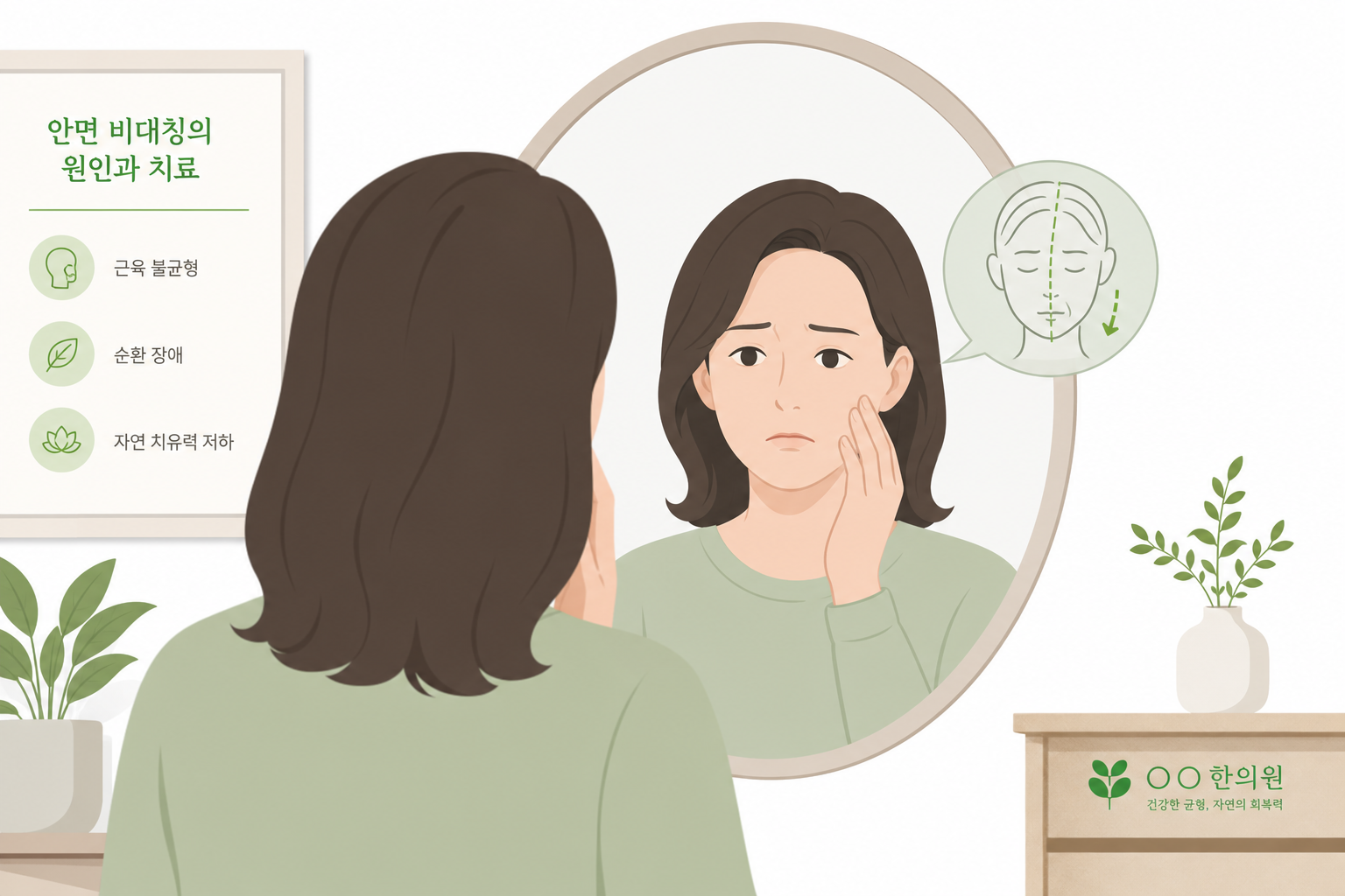 거울을 보며 얼굴 한쪽이 처진 것을 확인하는 30~40대 사람의 일러스트, 걱정스러운 표정, 병원/한의원 느낌의 차분한 톤 안면마비 한의원 치료 이미지