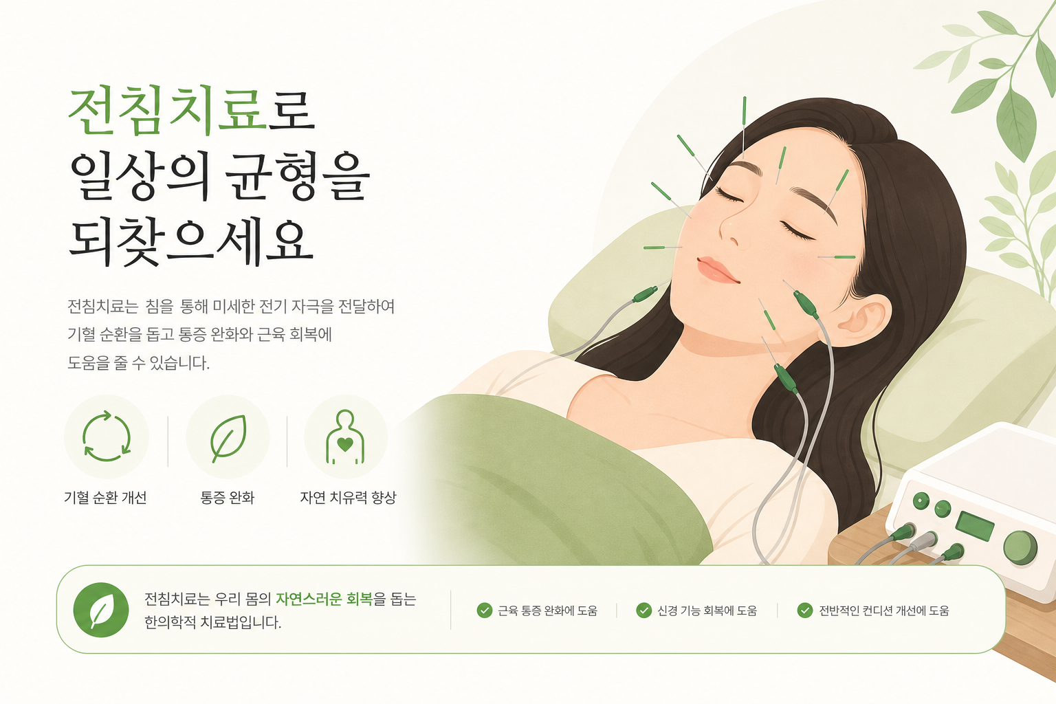 전침 치료 장비와 함께 얼굴 부위에 침 치료를 받는 환자, 시술 상세 노출 없이 편안한 분위기 강조 안면마비 한의원 치료 이미지