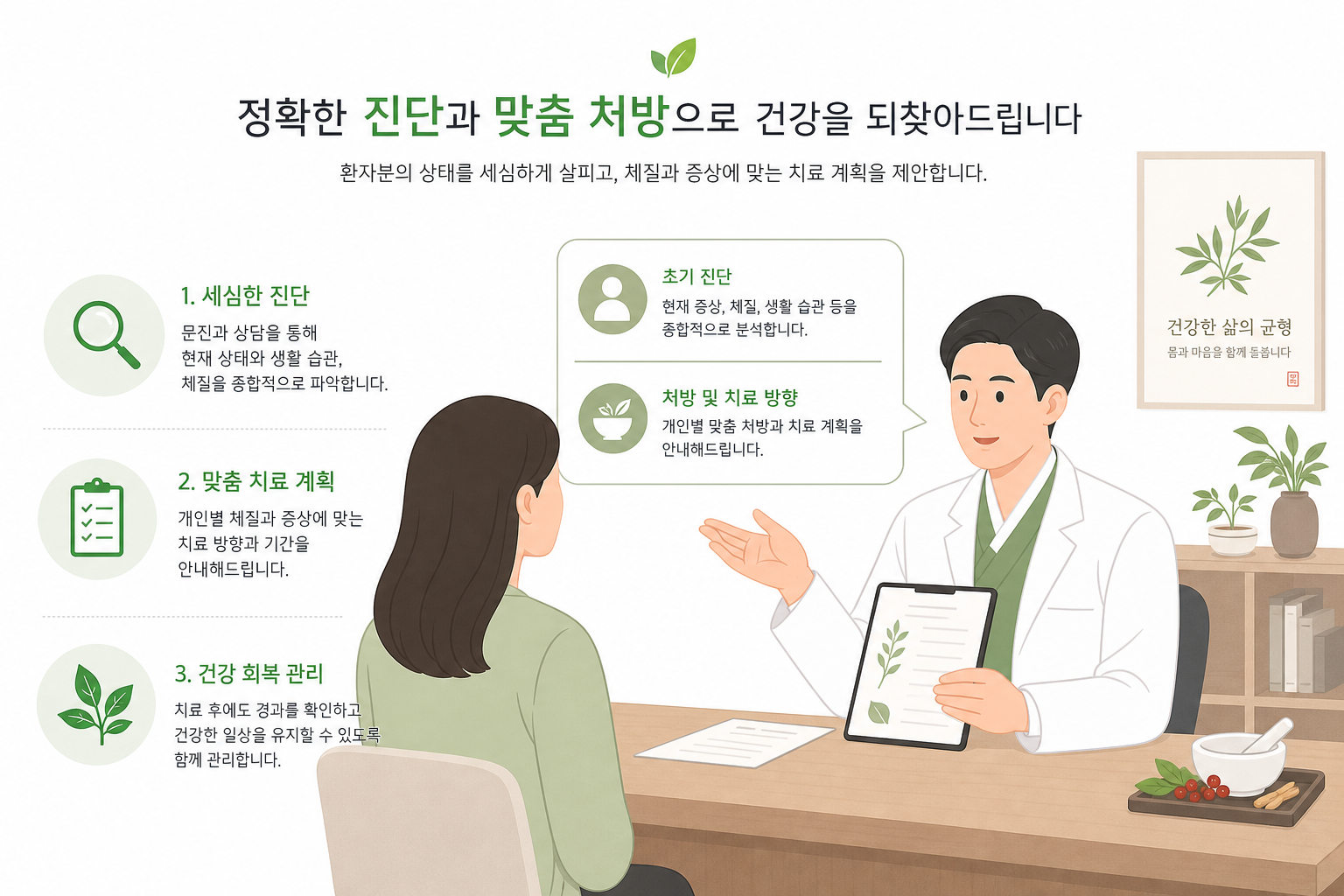 병원에서 의사가 환자에게 초기 진단 및 처방을 설명하는 장면, 신뢰감 있는 임상 느낌 안면마비 한의원 치료 이미지