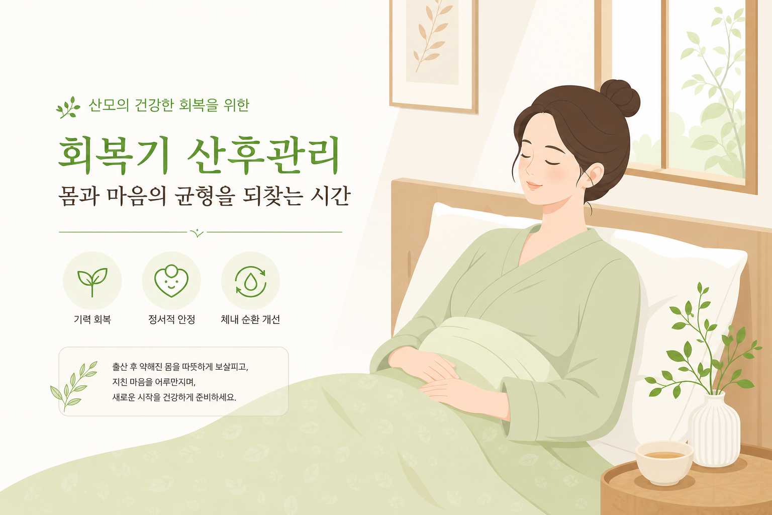 산후 회복기 산모가 편안히 쉬는 따뜻한 분위기 산후보약 이미지