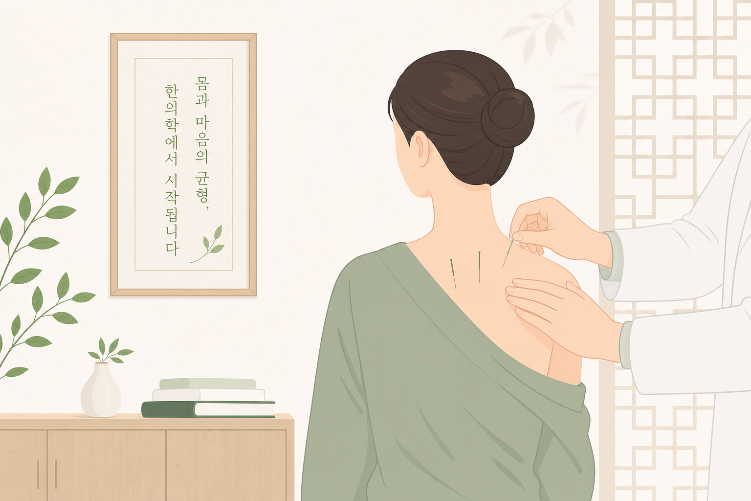 한의원 진료실에서 어깨 부위 침 치료를 받는 모습을 은은하게 표현한 이미지 어깨 석회성건염 한의원 치료 이미지