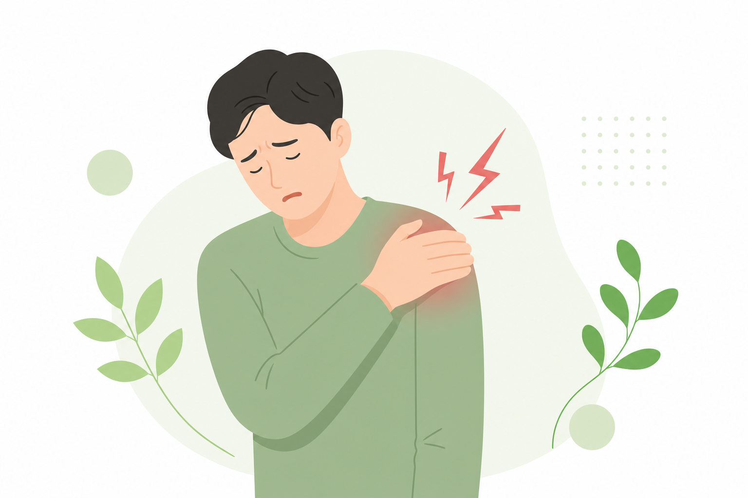 어깨를 감싸 쥐고 통증을 호소하는 사람의 모습을 담은 자극적이지 않은 일러스트 어깨 석회성건염 한의원 치료 이미지