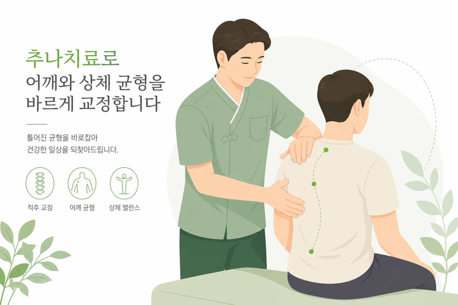 추나 치료사가 환자의 어깨와 상체 균형을 부드럽게 교정하는 모습을 표현한 일러스트 어깨 석회성건염 한의원 치료 이미지