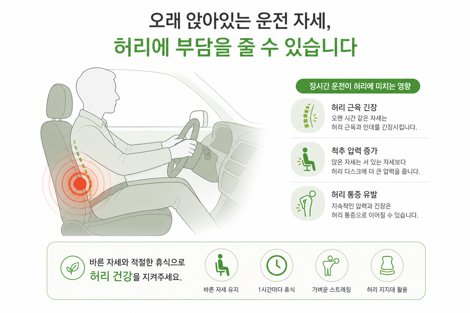 운전석에 오래 앉아있는 사람의 실루엣과 허리 부위에 압력이 표시된 인포그래픽 스타일 이미지 운전 허리 통증 이미지