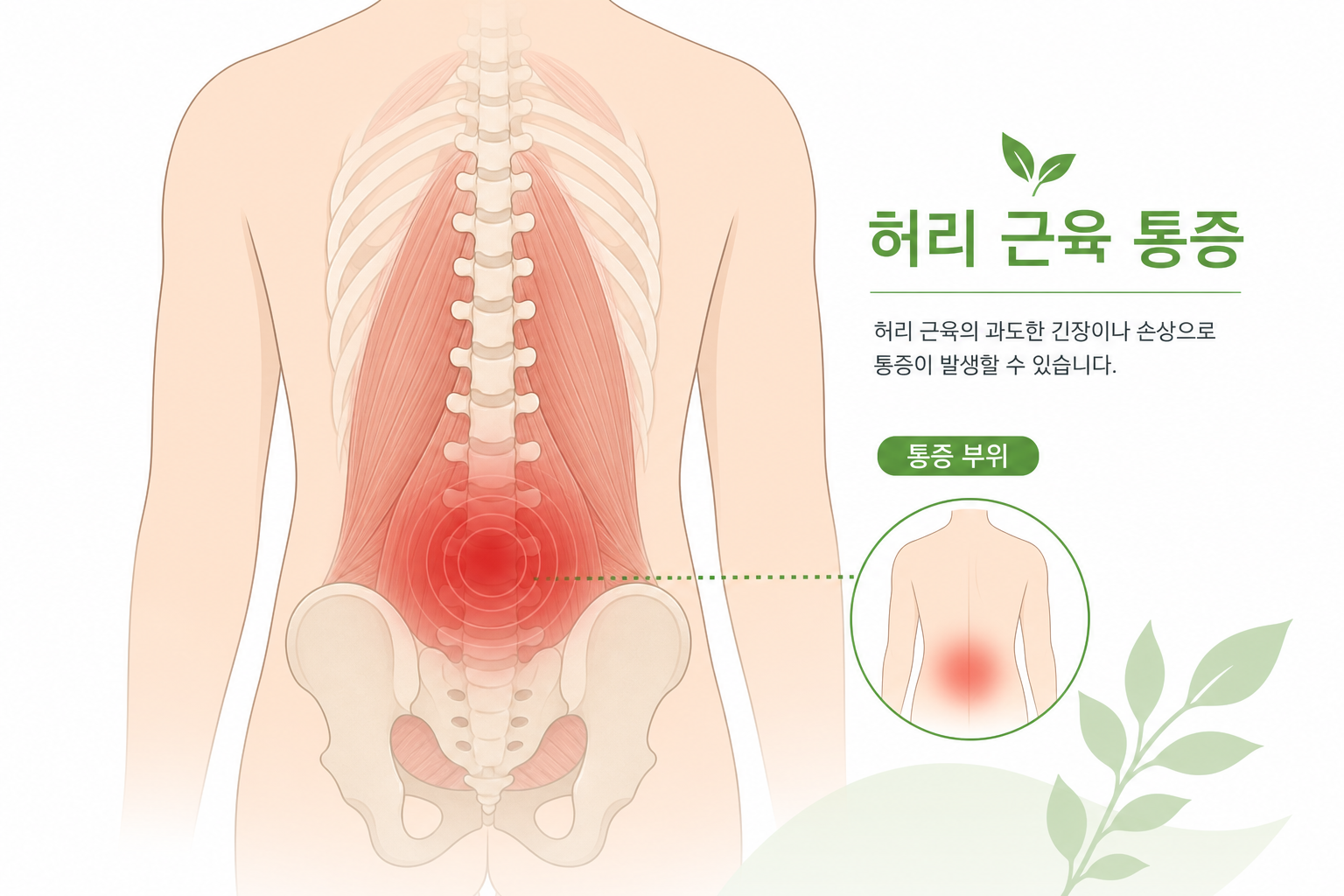 허리 근육 부위를 강조한 해부학적 스타일의 심플 일러스트, 통증 부위가 허리 국소에 표시된 이미지 운전 허리 통증 이미지