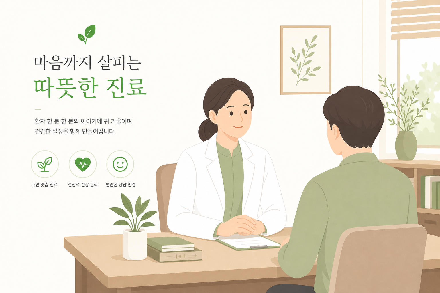 한의원 진료실에서 성인이 편안하게 상담받는 모습 허리 삐끗 디스크 이미지
