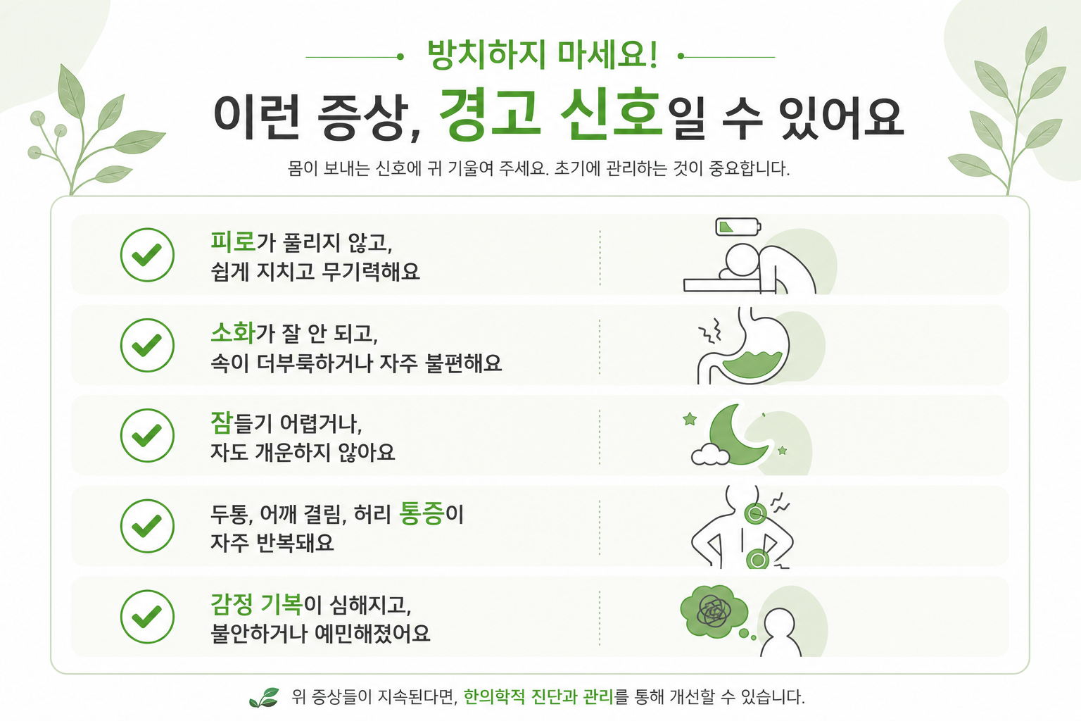 체크리스트 형태로 정리한 경고 신호 그래픽 허리 삐끗 디스크 이미지
