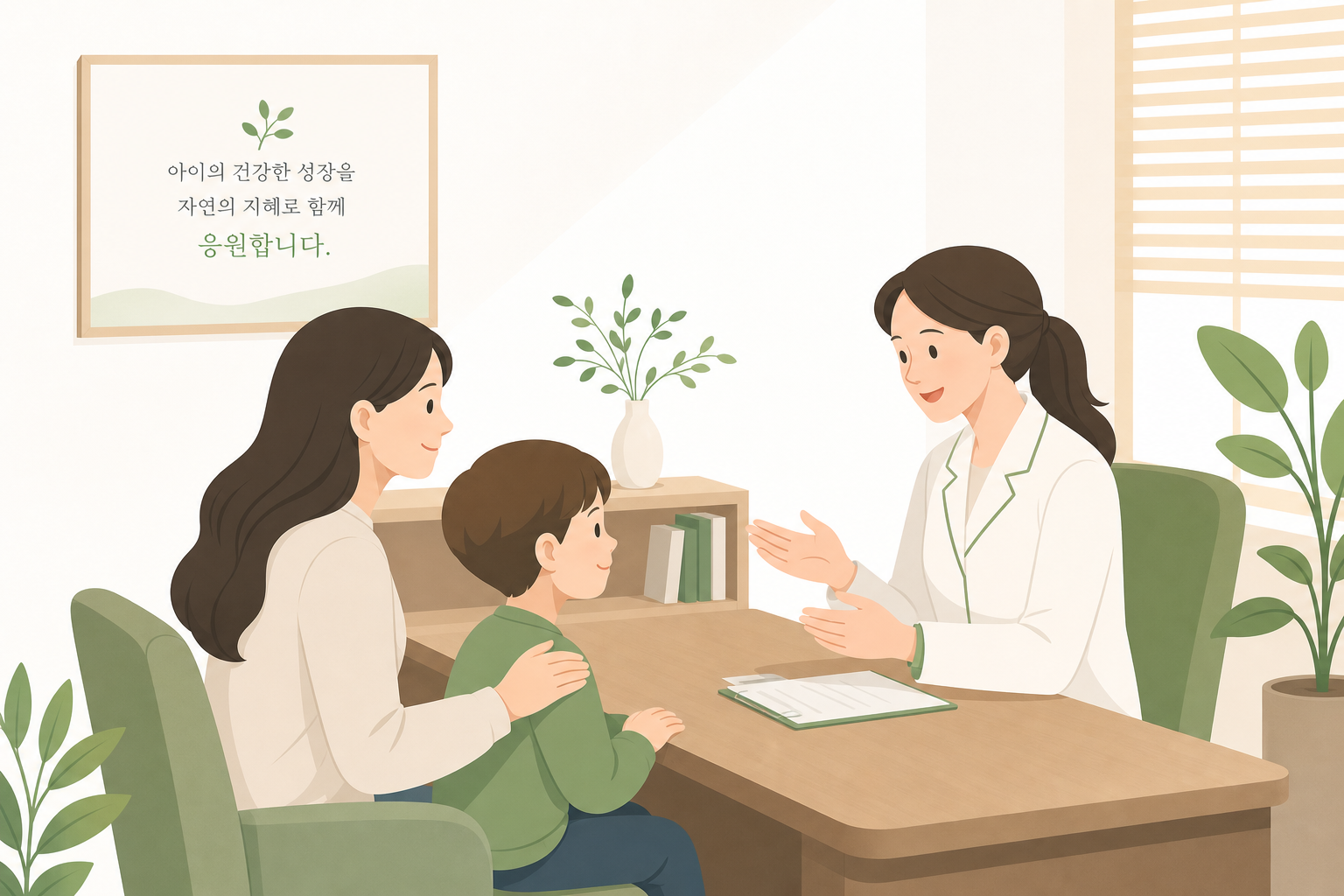 한의원 상담실에서 아이와 부모가 편안하게 상담받는 따뜻한 분위기의 이미지 아이 잔병치레 한의원 이미지