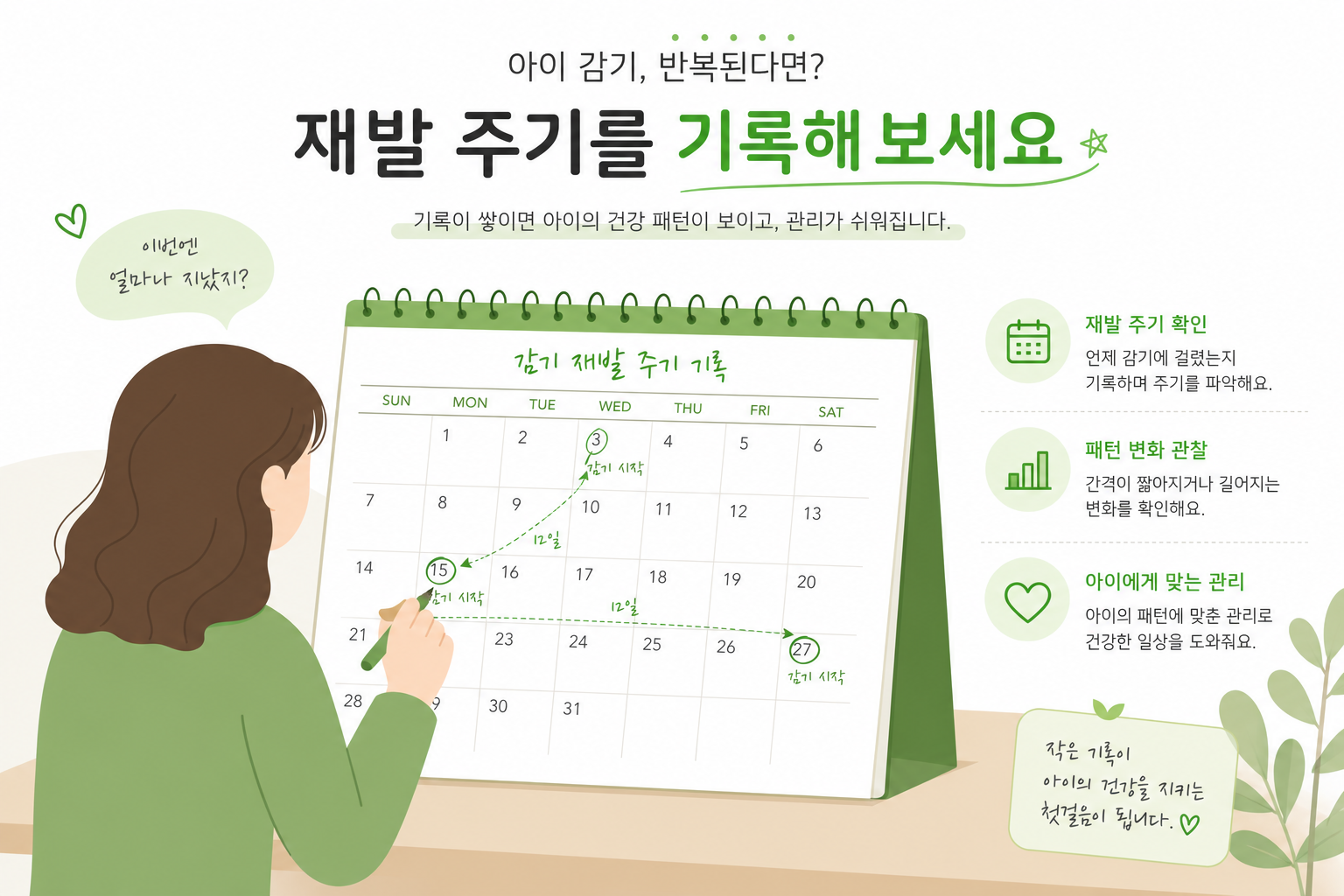 달력에 감기 재발 주기를 표시한 듯한 이미지, 부모가 기록하는 느낌 아이 잔병치레 한의원 이미지