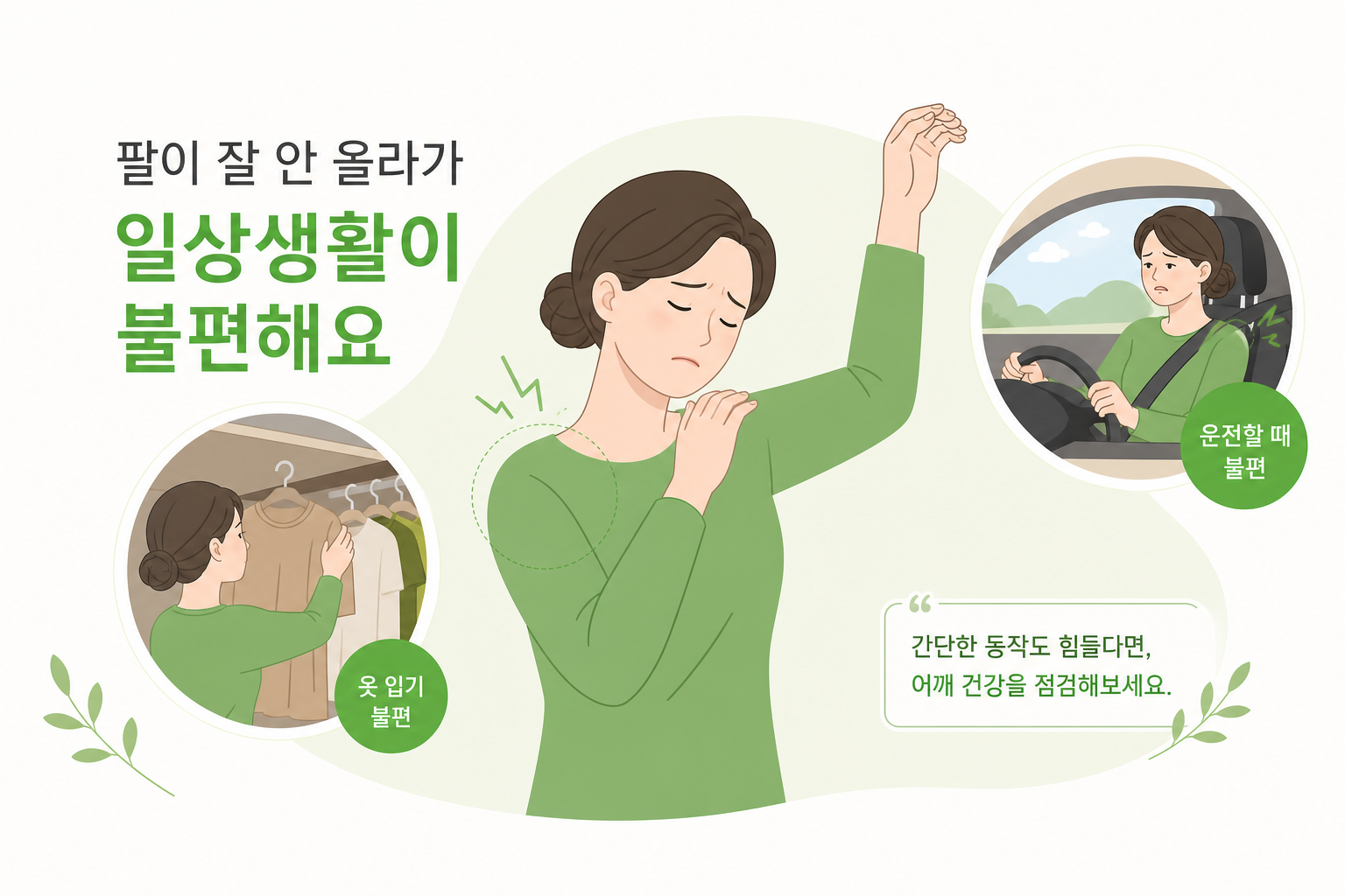 팔이 잘 안 올라가서 옷 입기·운전 등 일상에 불편을 겪는 상황을 보여주는 대표 이미지 오십견 회복기간 이미지