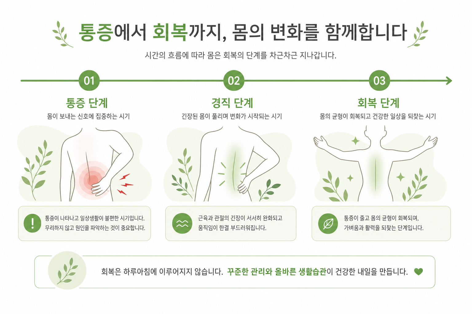 통증기-강직기-회복기 3단계를 시간 흐름으로 보여주는 타임라인형 인포그래픽 오십견 회복기간 이미지
