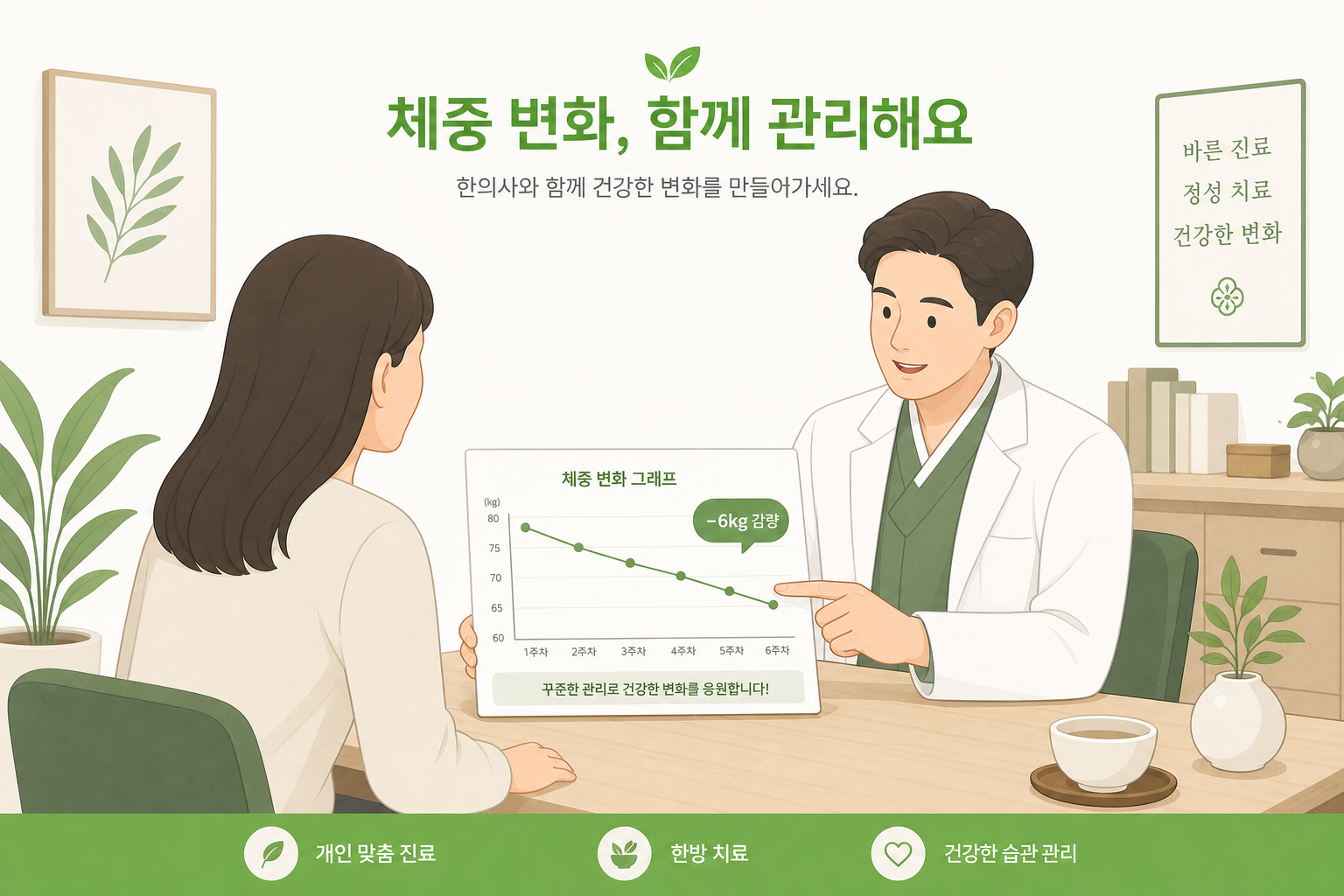 차분한 진료실에서 환자와 한의사가 체중 그래프를 함께 보며 상담하는 모습, 안정적이고 신뢰감 있는 분위기 다이어트 한약 요요 이미지