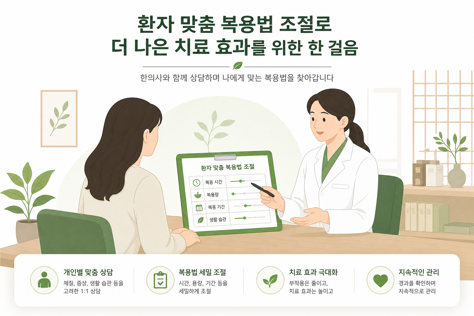 한의사와 환자가 상담하며 복용법을 조절하는 장면을 차분하고 신뢰감 있게 표현한 이미지 다이어트 한약 부작용 이미지