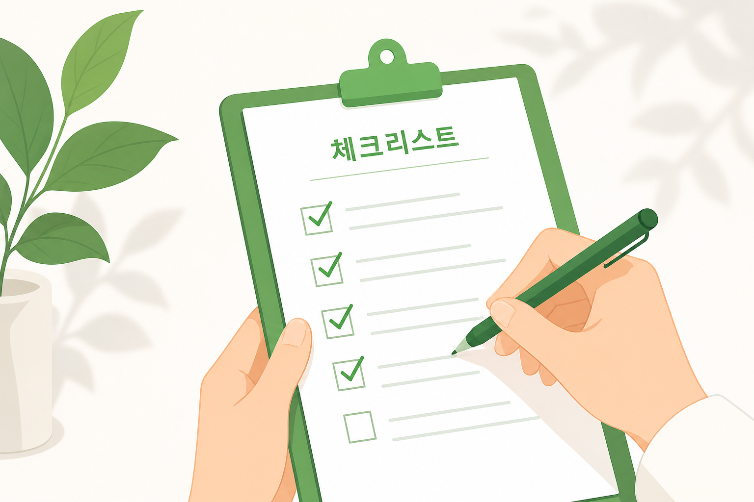 체크리스트를 손으로 확인하는 클로즈업 컷, 밝고 정돈된 톤 다이어트 한약 요요 이미지