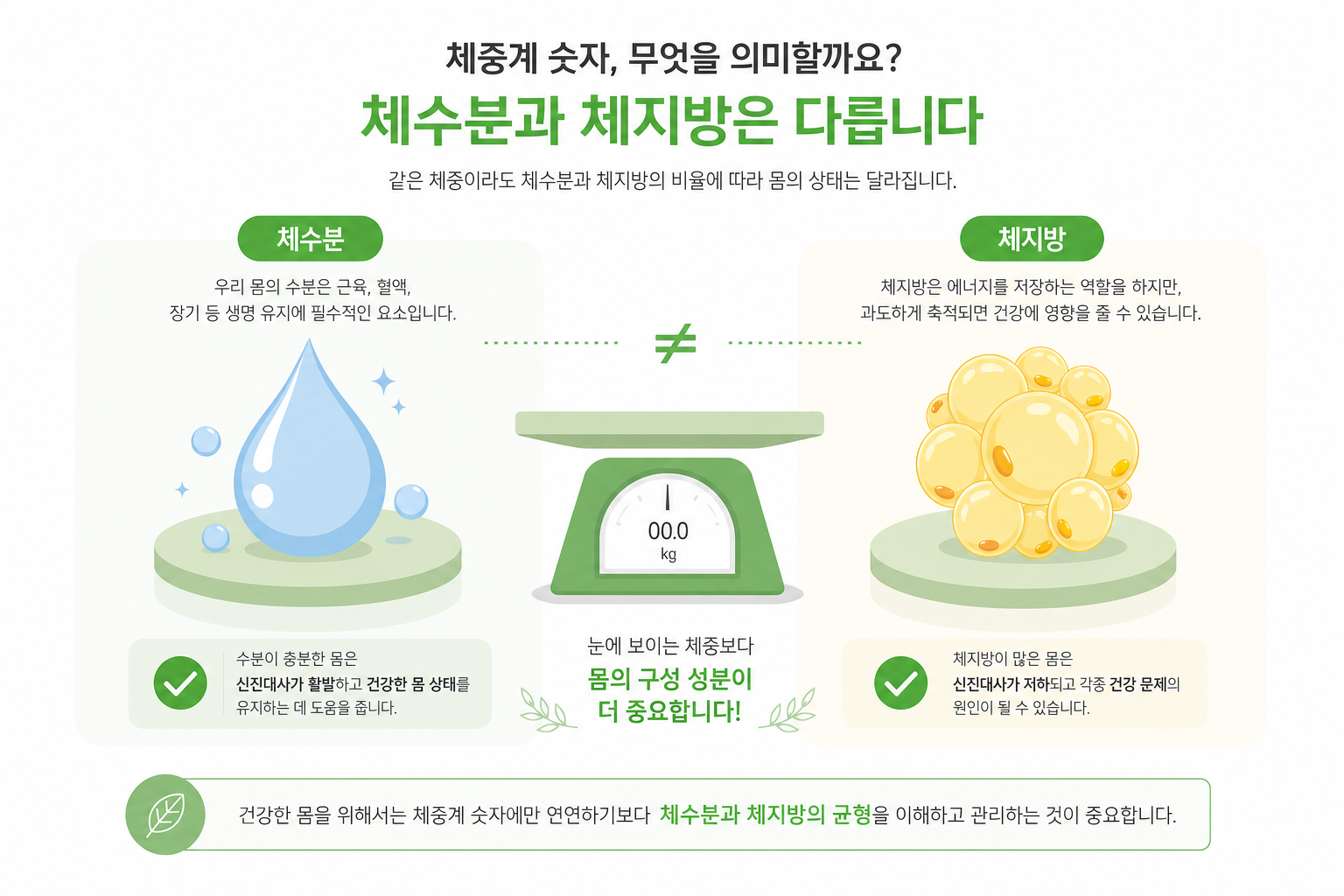 체중계 위 물방울과 지방세포를 대비시켜 체수분과 체지방의 차이를 시각적으로 표현하는 비교 일러스트 다이어트 한약 복용 기간 이미지