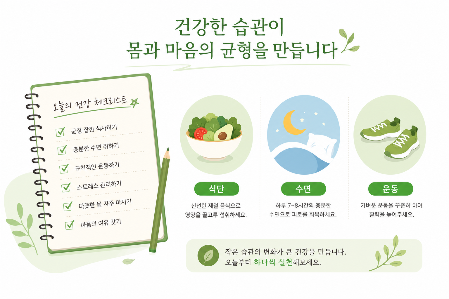 체크리스트 노트와 식단·수면·운동 아이콘 인포그래픽 다이어트 정체기 이미지