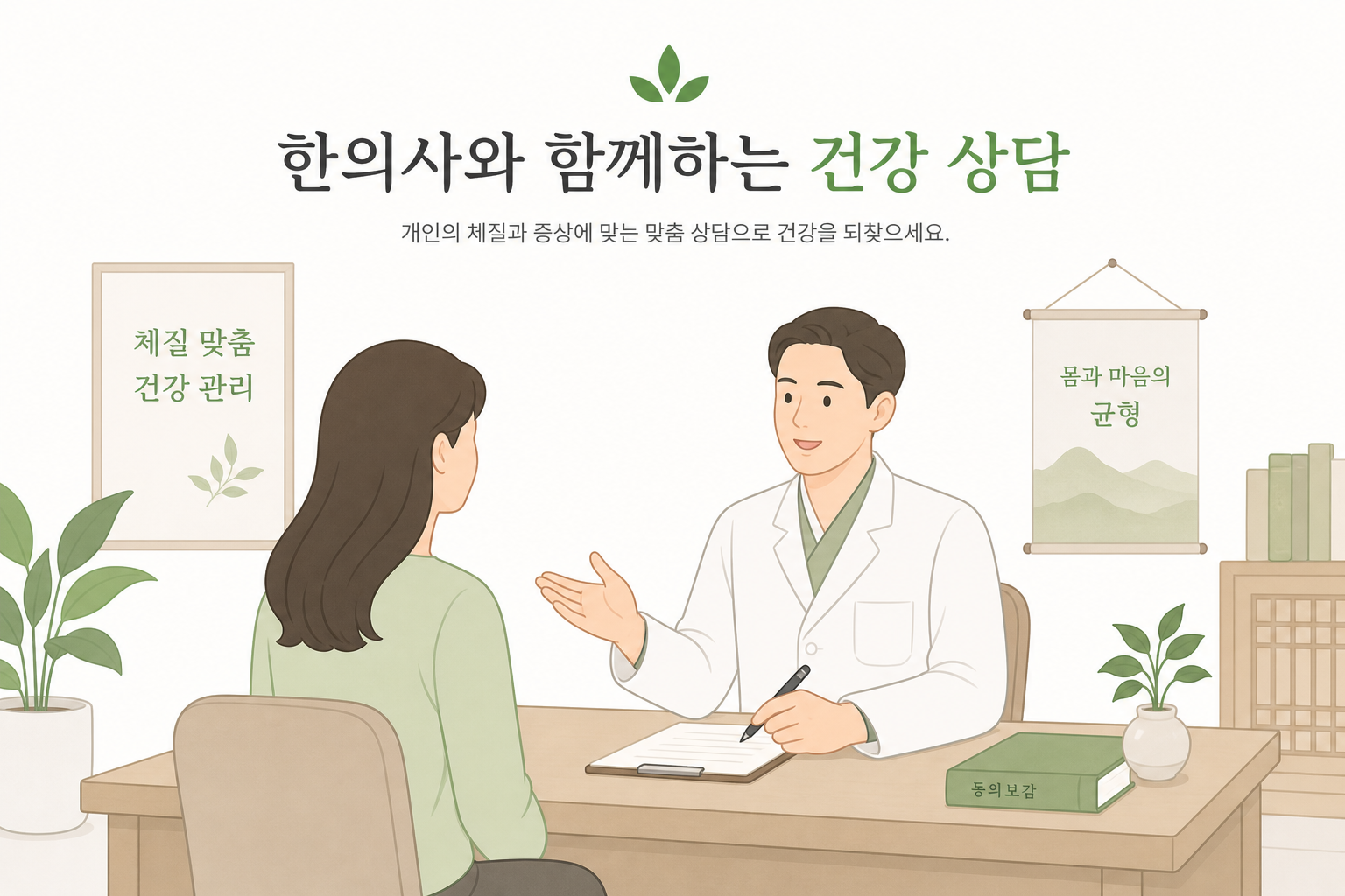 한의사와 상담하는 장면을 표현한 부드러운 일러스트 다이어트 정체기 이미지