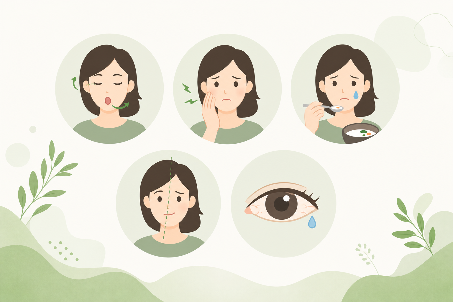 안면마비 후유증 유형 5가지병발운동, 구축, 악어눈물, 마비 잔존, 안구건조 인포그래픽
