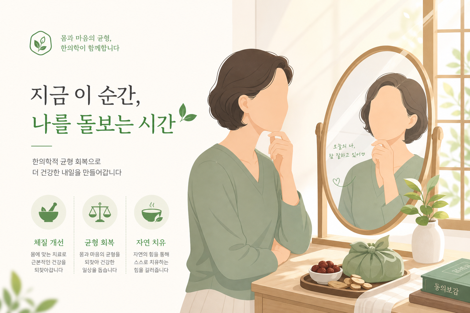 안면마비 후유증이 걱정되어 거울을 바라보는 성인 일러스트