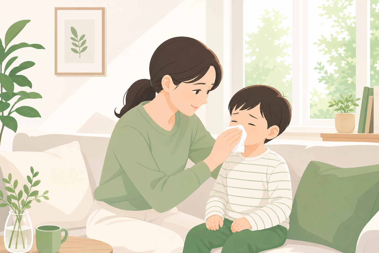 부모가 아이 콧물을 닦아주며 살펴보는 다정한 장면, 집 안 자연광 배경 아이 반복 감기 원인 이미지
