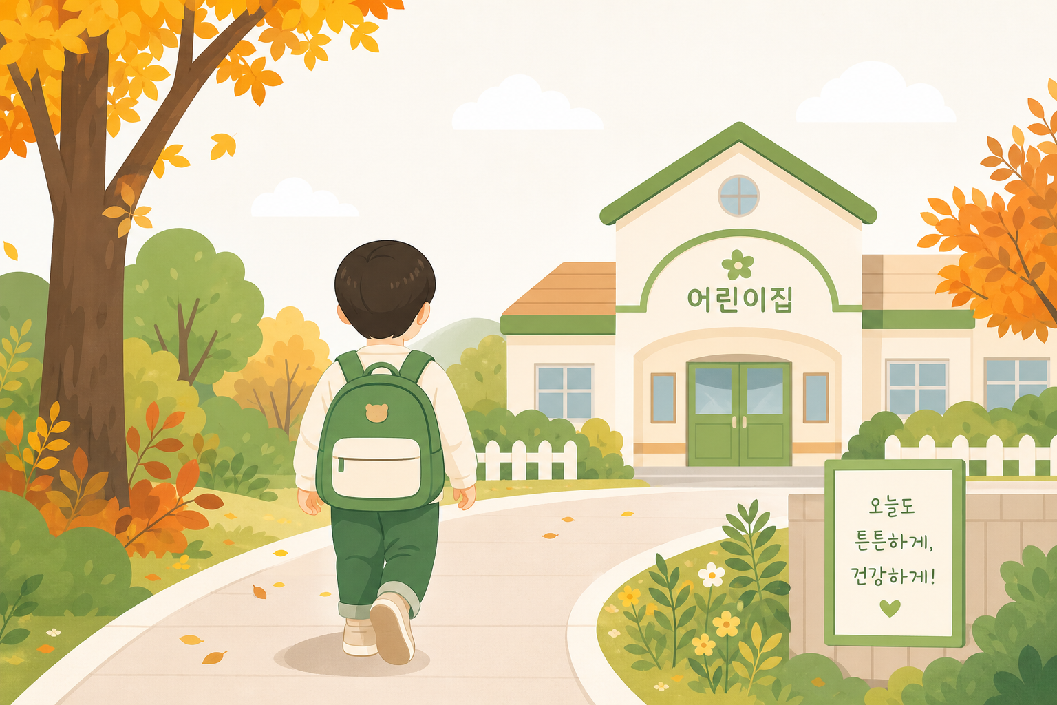 어린이집 등원하는 아이 뒷모습, 계절감 있는 배경 아이 반복 감기 원인 이미지