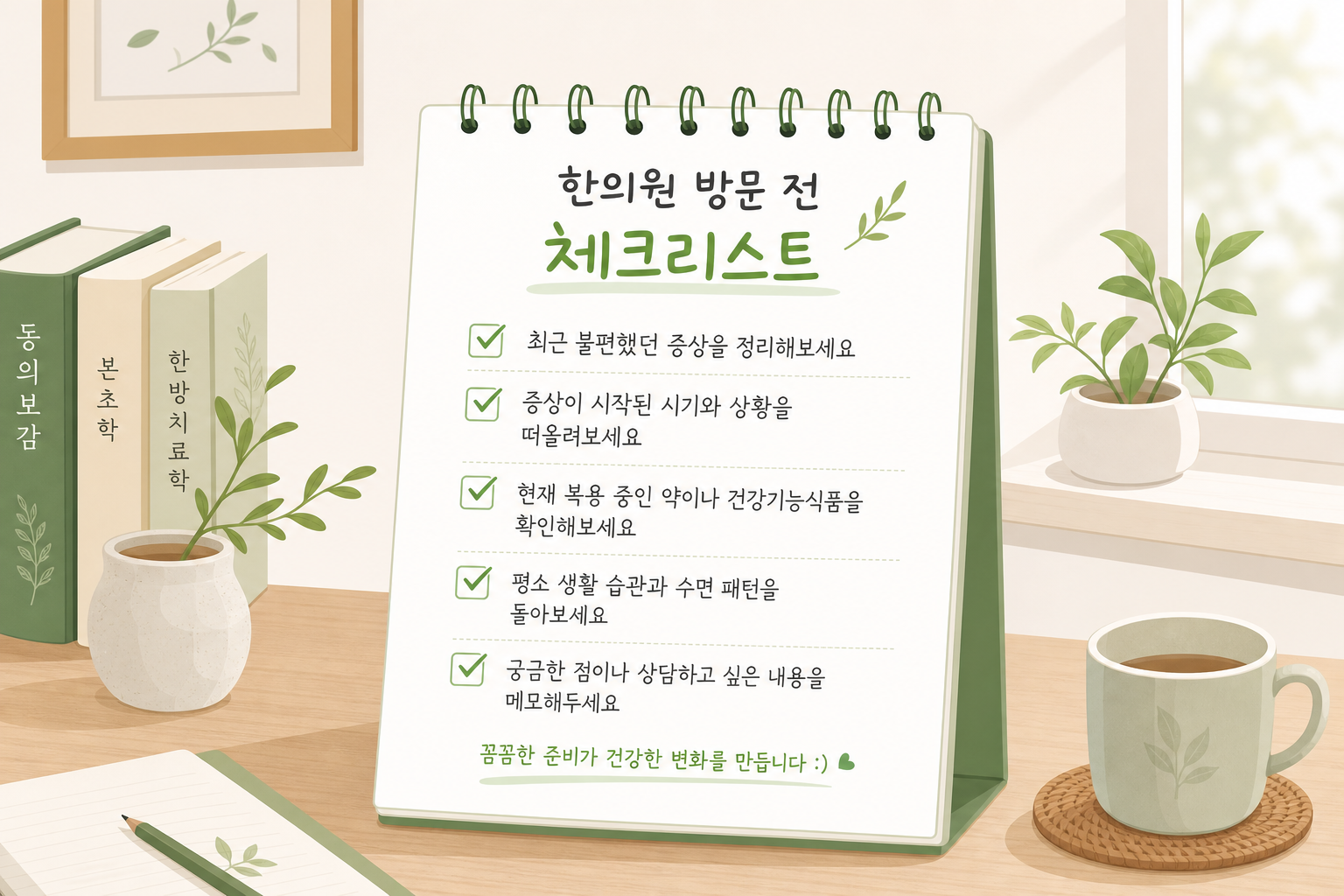 체크리스트가 적힌 메모지, 따뜻한 톤의 집 안 책상 배경 아이 반복 감기 원인 이미지