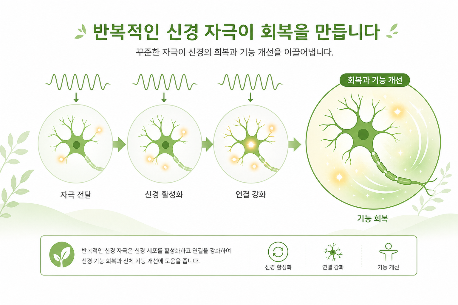반복적인 신경 자극과 회복의 관계를 보여주는 개념 일러스트파동/반복 자극 이미지 안면마비 회복 기간 이미지