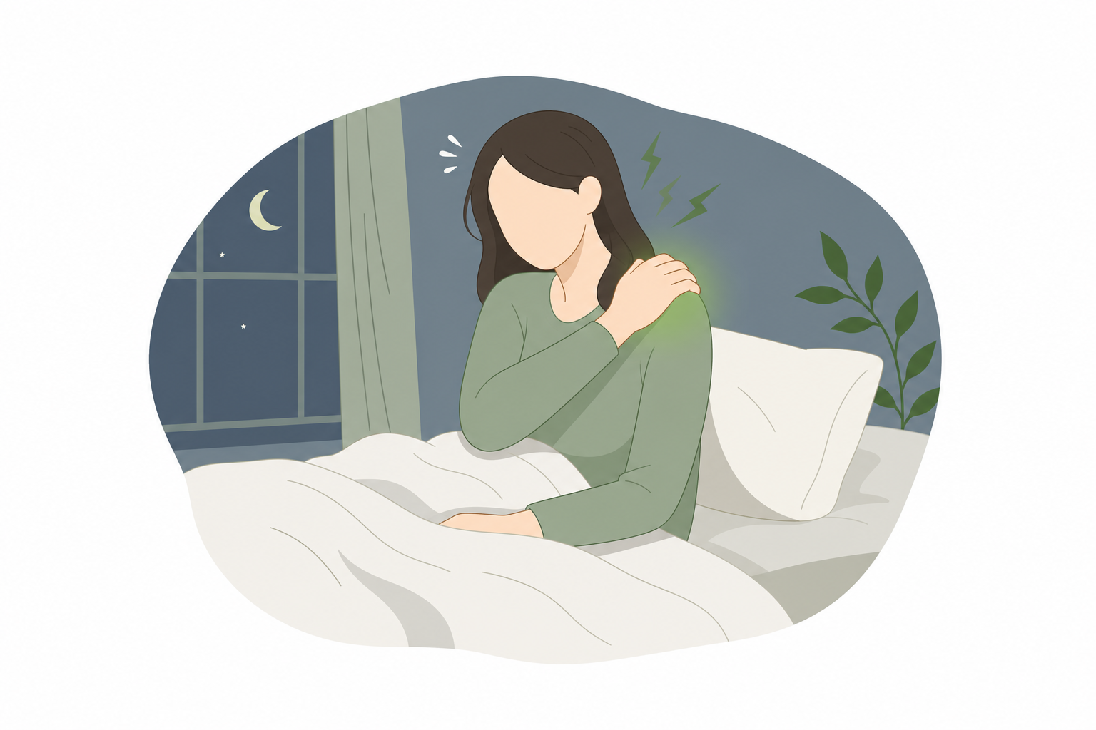 밤에 어깨를 부여잡고 뒤척이며 잠에서 깨는 상황을 담백하게 표현한 대표 이미지 얼굴이 특정되지 않는 일러스트 톤 자다가 어깨 아파서 깸 이미지