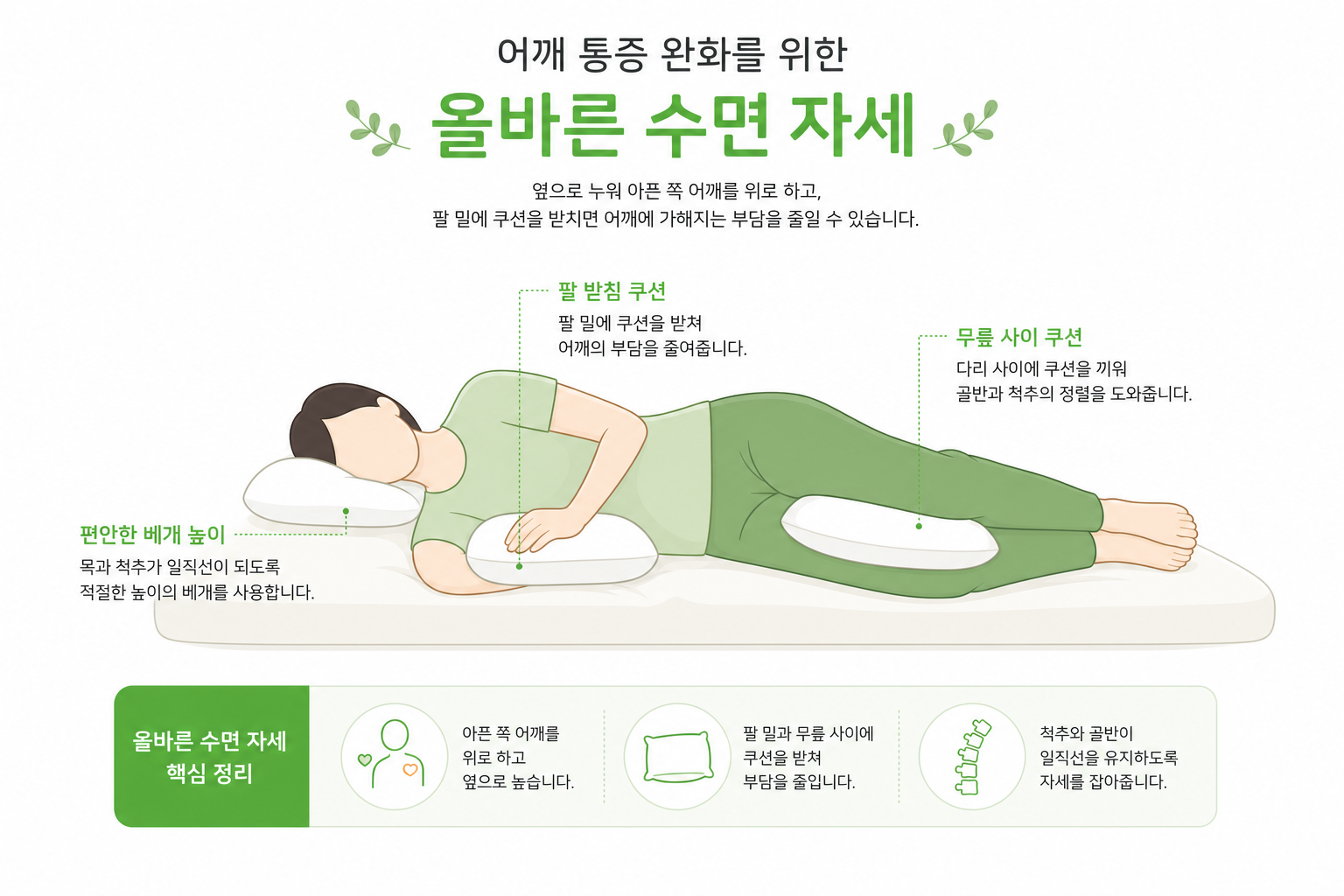 옆으로 누워 아픈 쪽 어깨를 위로 하고, 팔 밑에 쿠션을 받친 올바른 수면 자세를 보여주는 담백한 일러스트 자다가 어깨 아파서 깸 이미지