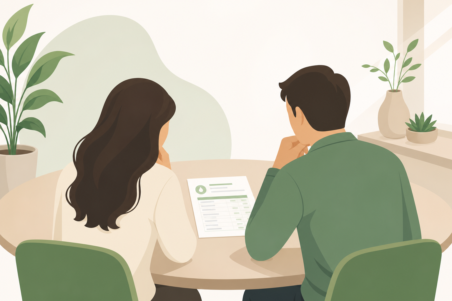 산부인과 검사 결과지를 앞에 두고 고민하는 부부, 원인불명 난임 일러스트